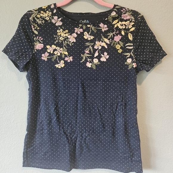 Croft And Barrow Classic Tee Polka Dot Floral Navy Blue Women's Size S - Picture 1 of 4